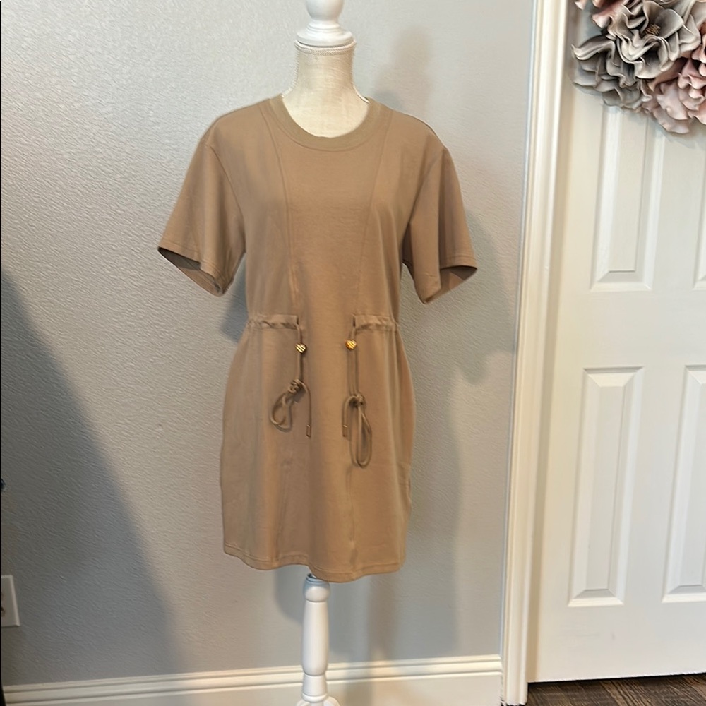 Light Mocha Short Sleeve Dress with Drawstring Cinch Waist and Pockets